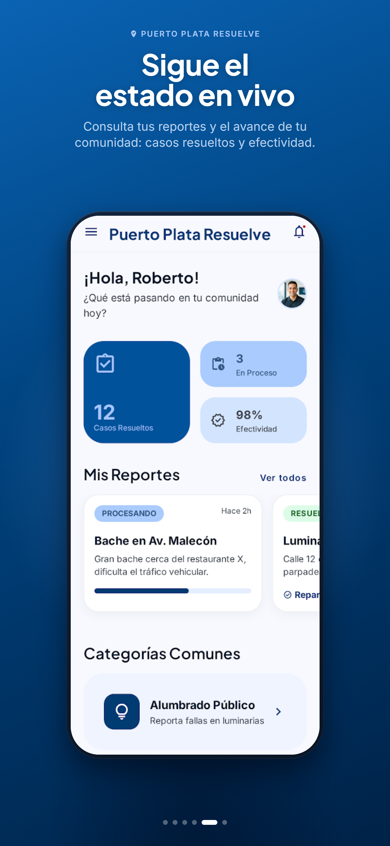 Vista previa del seguimiento de reportes en la aplicación